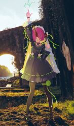 1girl arm_above_head black_dress black_pantyhose black_ribbon black_shoes bracelet breasts choker clenched_hand closed_mouth commentary covered_eyes dress dress_flower electricity electrokinesis empire_waist fate/grand_order fate_(series) flower flower_thigh_strap frankenstein&#039;s_monster_(fate) frankenstein&#039;s_monster_(under_the_same_sky)_(fate) frilled_dress frills full_body green_flower hair_over_eyes hand_up horns jewelry lightning long_sleeves nature official_art okazaki_takeshi outdoors pantyhose photo_background pink_hair pointing pointing_up ribbon ribbon_choker ruins shoes short_dress short_hair single_horn sky small_breasts smile solo standing sunlight thigh_strap third-party_source veil white_veil wide_sleeves