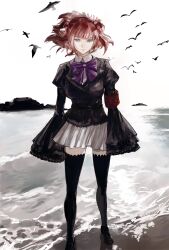 1girl ashashio beach black_thighhighs blue_eyes bow closed_mouth full_body hashtag-only_commentary highres outdoors purple_bow red_hair short_hair simple_bird skirt sky sleeves_past_fingers sleeves_past_wrists solo standing thighhighs umineko_no_naku_koro_ni ushiromiya_ange white_skirt white_sky