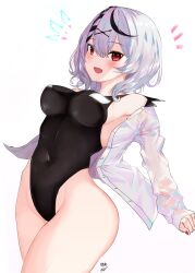 Rule 34 | 1girl, black hair, black one-piece swimsuit, blush, braid, breasts, competition swimsuit, covered navel, cowboy shot, grey hair, hair ornament, highleg, highres, hololive, impossible clothes, impossible swimsuit, large breasts, looking at viewer, medium breasts, medium hair, multicolored hair, nail polish, nin fake, one-piece swimsuit, open clothes, open mouth, open shirt, red eyes, red nails, sakamata chloe, see-through clothes, see-through shirt, shirt, short hair, simple background, smile, solo, streaked hair, swimsuit, virtual youtuber, white background, white shirt, x hair ornament
