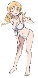 1girl ;d absurdres barefoot bikini blonde_hair breasts cleavage collarbone commentary drill_hair front-tie_bikini_top front-tie_top full_body hand_on_own_thigh highres index_finger_raised leaning_forward light_blush long_hair mahou_shoujo_madoka_magica medium_breasts navel one_eye_closed open_mouth riokasen simple_background sketch smile solo standing swimsuit tachi-e tomoe_mami twin_drills white_background white_bikini yellow_eyes