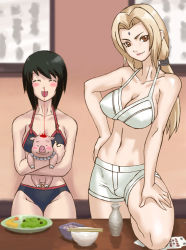 Rule 34 | 2girls, :d, black hair, blonde hair, blood, breasts, brown eyes, cleavage, closed eyes, facial mark, food, forehead mark, long hair, looking at viewer, midriff, multiple girls, naruto, naruto (series), navel, nosebleed, open mouth, pig, powudon, shizune (naruto), short hair, smile, standing, table, tonton (naruto), tsunade (naruto), underwear