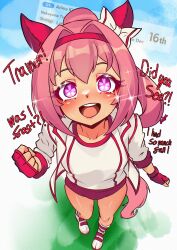 Rule 34 | 1girl, absurdres, animal ears, bandaid, bandaid on leg, bow, buruma, ear bow, ear covers, fingerless gloves, flower-shaped pupils, flower in eye, fukou, game screenshot, gloves, haru urara (umamusume), headband, highres, horse ears, horse girl, horse tail, jacket, looking at another, pink buruma, pink hair, pink headband, pov, red headband, shirt, smile, solo, sparkle, symbol-shaped pupils, symbol in eye, tail, umamusume, white jacket, white shirt