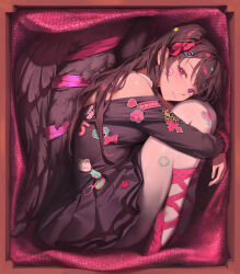 1girl absurdres animal_sticker ballerina ballet_dress ballet_slippers bangsom bare_shoulders black_dress black_hair black_jacket black_wings blush bow box brown_hair character_sticker closed_mouth commentary decora dress expressionless feathered_wings hair_bow heart_sticker highres hugging_own_legs in_box in_container jacket kirby kirby_(series) long_hair looking_at_viewer looking_to_the_side maya_(bangsom) mole mole_under_eye nintendo off_shoulder original pantyhose pink_bow purple_eyes smile solo star_sticker sticker sticker_on_clothes sticker_on_face sticker_on_leg two_side_up wavy_hair white_pantyhose wing_sticker wings