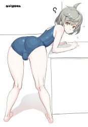 1boy ? ahoge ass bare_shoulders bent_over bulge commentary commission crossdressing english_commentary fire_emblem fire_emblem_heroes grey_hair highres leaning_forward leaning_on_table legs_apart looking_at_viewer male_focus medium_hair nintendo old_school_swimsuit pea_(vaultboy503) rune_(fire_emblem) school_swimsuit shadow sidelocks signature simple_background sweat swept_bangs swimsuit trap yellow_eyes