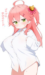 Rule 34 | 1girl, absurdres, bell, blush, breasts, closed mouth, collared shirt, covered erect nipples, green eyes, hair bell, hair ornament, hair ribbon, hairclip, highres, hololive, jingle bell, kani bonara, large breasts, long hair, long sleeves, looking at viewer, naked shirt, one side up, pink hair, pink ribbon, pout, ribbon, sakura miko, shirt, simple background, sleeves past wrists, solo, sweat, thighs, translation request, virtual youtuber, white background, white shirt