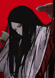 1girl black_eyes black_hair bleach blood bloody_weapon commentary_request highres holding holding_sword holding_weapon long_hair long_sleeves neko_no_kedama outstretched_arms parted_bangs red_background robe simple_background solo spread_arms sword unohana_retsu upper_body weapon white_robe
