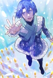 1boy :d aqua_scarf arm_at_side arm_up artist_name blue_background blue_boots blue_eyes blue_hair blue_jacket boots candle curtained_hair from_above full_body fur-trimmed_boots fur-trimmed_jacket fur-trimmed_sleeves fur_trim hair_between_eyes headset highres hijirikawa_masato jacket kuraju12000 looking_at_viewer male_focus mole mole_under_eye open_hand open_mouth outstretched_arm reaching reaching_towards_viewer scarf short_hair smile snowflake_print snowing solo standing straight_hair teeth upper_teeth_only uta_no_prince-sama