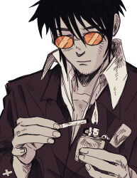1boy absurdres arm_up black_hair black_jacket cigarette closed_eyes closed_mouth collarbone commentary dirty dirty_clothes english_commentary fire high_collar highres holding holding_cigarette holding_lighter jacket lighter long_sleeves male_focus nicholas_d._wolfwood open_collar orange-tinted_eyewear round_eyewear shirt solo suit_jacket tinted_eyewear trigun trigun_stampede upper_body white_shirt wing_collar wr0wn
