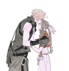 1boy 1girl aerith_gainsborough armor bangle black_gloves blonde_hair bracelet braid braided_ponytail brown_hair cape choker closed_eyes cloud_strife couple cropped_jacket dress final_fantasy final_fantasy_vii final_fantasy_vii_advent_children final_fantasy_vii_rebirth final_fantasy_vii_remake gloves grey_cape grey_vest hair_ribbon hand_on_another&#039;s_chest hand_on_another&#039;s_shoulder hetero highres jacket jewelry kiss kissing_forehead light_blush long_dress long_hair mmmckayyy parted_bangs pauldrons pink_dress pink_ribbon red_jacket ribbon short_hair shoulder_armor sidelocks single_bare_shoulder single_pauldron spiked_hair upper_body vest waist_cape white_background