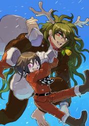 2boys barefoot bell black_hair boots brown_boots brown_jacket brown_pants checkered_clothes checkered_scarf danganronpa_(series) danganronpa_v3:_killing_harmony fake_antlers glasses gokuhara_gonta green_hair hair_between_eyes hat highres holding holding_sack jacket kumakoro_(tetsupag) long_hair looking_at_viewer male_focus messy_hair multiple_boys neck_bell oma_kokichi open_mouth orange_eyes pants purple_eyes red_jacket red_pants round_eyewear sack santa_costume santa_hat scarf short_hair snowing very_long_hair