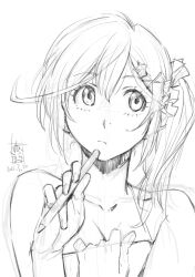 1girl bare_shoulders breasts cleavage closed_mouth dated dead_or_alive dead_or_alive_xtreme dead_or_alive_xtreme_venus_vacation greyscale hair_between_eyes hiragoma holding holding_pen long_hair looking_to_the_side looking_up misaki_(doa) monochrome pen pen_to_mouth signature simple_background sketch solo upper_body white_background