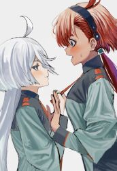2girls ahoge aqua_eyes asticassia_school_uniform black_hairband blush bub_bub20 closed_mouth clothes_grab commentary_request from_side green_jacket grey_background grey_eyes gundam gundam_suisei_no_majo hairband highres jacket korean_commentary long_hair long_sleeves miorine_rembran multiple_girls necktie necktie_grab neckwear_grab open_mouth ponytail profile red_hair red_necktie school_uniform simple_background suletta_mercury sweatdrop white_hair yuri