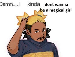 1girl aika_(kiana_mai) black_hair damn..._i_kinda_don&#039;t_care_(meme) dark-skinned_female dark_skin i_don&#039;t_want_to_be_a_magical_girl looking_at_viewer meme multicolored_hair pcktknife scratching_head shirt solo star_hair_bun two-tone_hair