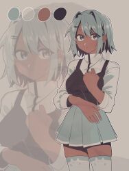 1girl animal_print black_vest blue_eyes blue_hair blue_skirt blue_thighhighs breasts cat_print closed_mouth color_guide commentary_request cowboy_shot dark-skinned_female dark_skin expressionless grey_background hair_intakes hair_ornament hairclip highres long_sleeves looking_at_viewer manatsu_no_yo_no_inmu medium_breasts meme original personification print_thighhighs shirt short_hair skirt solo tacowasab_brian thighhighs vest when_you_see_it white_shirt yajuu_senpai yjsnpi_interview_(meme) zoom_layer