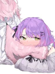 2girls absurdres blush cardigan clothing_cutout furrowed_brow green_eyes grey_cardigan hair_ornament hairclip hakui_koyori highres hololive hugging_another&#039;s_tail hugging_tail multiple_girls parted_bangs pink_hair purple_hair simple_background sleeves_past_fingers sleeves_past_wrists suzu_coconatu tail tail_through_clothes tokoyami_towa tokoyami_towa_(jirai_kei) white_background