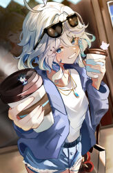 Rule 34 | 1girl, absurdres, aether (genshin impact), ahoge, alternate costume, bag, bimmy, blue eyes, blue gemstone, blue hair, blue jacket, blue shorts, blurry, blurry background, character charm, charm (object), commentary, contemporary, cowboy shot, cup, cutoffs, denim, denim shorts, disposable coffee cup, disposable cup, drop-shaped pupils, english commentary, eyelash ornament, eyewear on head, furina (genshin impact), gem, genshin impact, grin, hands up, highres, holding, holding cup, incoming drink, jacket, jewelry, looking at viewer, multicolored hair, necklace, open clothes, open jacket, outdoors, reflection, shirt, shopping bag, short hair, shorts, sigewinne (genshin impact), smile, solo focus, sunglasses, symbol-shaped pupils, white hair, white shirt, wriothesley (genshin impact)