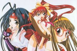3girls absurdres antenna_hair armor black_hair bokken bow breasts brown_eyes brown_hair cleavage dougi fingerless_gloves glasses gloves gotou_keiji hair_bow hairband headband highres kiribayashi_azumi long_hair medium_breasts mitsurugi_ryouko multiple_girls official_art ponytail purple_eyes real_bout_high_school red-framed_eyewear red_hair scan school_uniform serafuku skirt skirt_tug sword thighhighs vambraces weapon white_legwear wooden_sword yuuki_hitomi