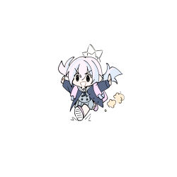 ^^^ ascot backpack bag black_ascot black_coat black_eyes blue_archive blue_hair buttons coat eri_(erikiri) floating_hair grey_shirt grey_skirt hair_between_eyes halo happy highres long_sleeves looking_ahead miniskirt multicolored_hair open_mouth outstretched_arms pink_bag pink_hair pink_shoes pleated_skirt puff_of_air reisa_(blue_archive) sailor_collar shirt shoes simple_background skirt smile sneakers tareme two-tone_hair v-shaped_eyebrows white_background white_sailor_collar