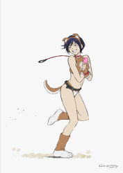 1girl animal_ears belt black_hair blush breasts cellphone collar dated dead_or_alive dead_or_alive_xtreme dead_or_alive_xtreme_venus_vacation dog_ears dog_tail fake_animal_ears gloves hiragoma holding holding_phone nagisa_(doa) navel paw_shoes phone short_hair signature smile solo swimsuit tail thighs