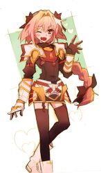 1boy archived_source armored_skirt astolfo_(fate) black_bow black_garter_straps black_sweater black_thighhighs blush boots bow braid cropped_legs fang fate/apocrypha fate_(series) garter_straps gauntlets hair_bow hair_intakes heart inaho178 leg_up long_braid long_hair male_focus multicolored_hair narrow_waist one_eye_closed open_mouth pink_hair red_eyes shoulder_pads single_braid skin_fang smile solo streaked_hair sweater thighhighs trap two-tone_hair very_long_hair white_background white_boots white_hair