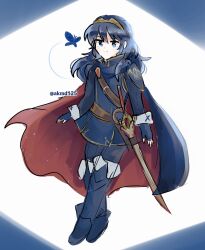 1girl akmd125 blue_cape blue_eyes blue_gloves blue_hair boots brand_of_the_exalt bug butterfly cape closed_mouth fingerless_gloves fire_emblem fire_emblem_awakening gloves hair_between_eyes highres insect long_hair long_sleeves looking_at_viewer lucina_(fire_emblem) nintendo red_cape sheath sheathed simple_background smile solo sword symbol_in_eye thigh_boots tiara twitter_username two-tone_cape weapon