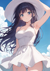1girl arm_up armpits bare_shoulders black_hair blue_eyes blue_sky blush breasts cameltoe cleavage clothes_lift cloud cloudy_sky collarbone day dress dress_lift hand_on_headwear hat highres long_hair looking_at_viewer medium_breasts open_mouth original outdoors panties pantyshot rikudou_inuhiko sky sleeveless sleeveless_dress solo standing sun_hat sundress underwear white_dress white_hat white_panties wind wind_lift