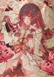 1girl angel angel_wings black_hair columbina_(genshin_impact) dress feathered_wings genshin_impact hair_ribbon head_wings highres ichigoh long_hair multicolored_hair pink_hair ribbon solo white_dress wings