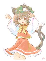 Rule 34 | 1girl, :d, animal ear fluff, animal ear piercing, animal ears, bow, bowtie, bright pupils, brown eyes, brown hair, cat ears, cat tail, chen, commentary request, cowboy shot, earrings, eyes visible through hair, fang, frills, hair between eyes, hands up, happy, hat, highres, jewelry, legs together, long sleeves, looking at viewer, mob cap, multiple tails, nekomata, open mouth, puffy long sleeves, puffy sleeves, rabbit pose, red skirt, red vest, short hair, simple background, single earring, skirt, skirt set, smile, solo, tail, touhou, two tails, vest, white background, white pupils, yamasina009, yellow bow, yellow bowtie