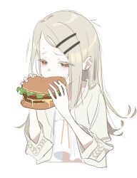 1girl absurdres burger camisole commentary_request cropped_torso earrings eating food gakuen_idolmaster highres holding holding_burger holding_food idolmaster jewelry light_brown_hair long_hair orange_eyes shinosawa_hiro sidelocks simple_background solo stud_earrings sweatdrop upper_body what_a white_background white_camisole