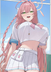 1girl absurdres blue_archive blush braid breasts commentary cowboy_shot crop_top crop_top_overhang cropped_shirt english_commentary green_eyes halo hanako_(blue_archive) highres large_breasts long_hair looking_at_viewer midriff navel open_mouth pink_hair pink_halo pleated_skirt pouch ref_(pmxt4483) sailor_collar school_uniform serafuku short_sleeves single_braid skirt smile solo white_sailor_collar white_serafuku white_skirt