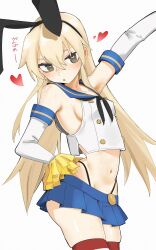 1girl absurdres arm_up black_neckerchief black_panties blonde_hair blue_skirt blush breasts commentary_request crop_top elbow_gloves gloves hair_between_eyes heart heart-shaped_pupils highleg highleg_panties highres kantai_collection long_hair looking_at_viewer medium_breasts microskirt midriff miniskirt neckerchief noc_merinoc panties pom_pom_(cheerleading) shimakaze_(kancolle) sideboob simple_background skirt sleeveless solo sweat symbol-shaped_pupils thighhighs translation_request underwear white_gloves