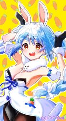 Rule 34 | 1girl, :d, animal ear fluff, animal ears, arms up, bare shoulders, black gloves, black leotard, bow, braid, brown pantyhose, carrot hair ornament, commentary request, detached sleeves, don-chan (usada pekora), dress, food-themed hair ornament, fur-trimmed dress, fur-trimmed gloves, fur trim, gloves, hair bow, hair ornament, highres, hololive, kiritoma, leotard, long hair, looking at viewer, open mouth, pantyhose, puffy short sleeves, puffy sleeves, rabbit-shaped pupils, rabbit ears, red eyes, short eyebrows, short sleeves, smile, solo, strapless, strapless dress, strapless leotard, symbol-shaped pupils, thick eyebrows, twin braids, twintails, twitter username, usada pekora, usada pekora (1st costume), very long hair, virtual youtuber, white bow, white dress, white sleeves, yellow background