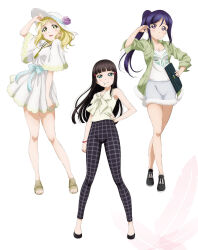 3girls aqua_eyes artbook bag black_hair black_pants blonde_hair blunt_bangs blush bow bracelet breasts cleavage collarbone dress floating_hair flower full_body fur_trim green_jacket hair_ornament hairclip hand_on_own_hip handbag hat hat_flower hat_ribbon highres jacket jewelry kurosawa_dia long_hair looking_at_viewer love_live! love_live!_sunshine!! matsuura_kanan mole mole_under_mouth multiple_girls non-web_source official_art ohara_mari open_clothes open_jacket open_mouth pants ponytail purple_eyes purple_hair ribbon sandals shirt shoes simple_background skirt sleeveless smile sneakers standing sun_hat white_background white_dress white_shirt yellow_eyes
