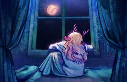 1girl animal_ears antlers baseball blonde_hair commentary curtains deer_antlers deer_ears deer_girl deltarune english_commentary furry furry_female highres horns long_hair night noelle_holiday noelle_holiday_(dark_world) o_pomb robe sitting solo white_robe window