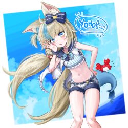 Rule 34 | &gt; &lt;, 1girl, absurdres, animal ear fluff, animal ears, blonde hair, blue bow, blue eyes, blue sky, blue streaks, bow, cat ears, crab, crop top, day, fins, fish tail, hair bow, highres, indie virtual youtuber, long hair, low twintails, m4skedboi, navel, ocean, one side up, open mouth, sameko saba, shorts, sky, solo, tail, twintails, virtual youtuber, white shorts