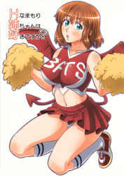 00s anezaki_mamori aru_ra_une bat_wings blue_eyes blush breasts brown_hair cheerleader clothes_lift covered_erect_nipples demon_tail eyeshield_21 highres kneeling large_breasts looking_at_viewer midriff navel panties pantyshot pom_pom_(cheerleading) shoes simple_background skirt skirt_lift sneakers socks surprised tail translation_request underwear white_panties wings