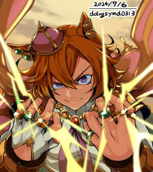 1girl animal_ears armor artist_name bad_tag brown_hair cape closed_mouth cloud cloudy_sky crown dated dogeyama_um dusk earrings fingerless_gloves gloves gold_armor gold_necklace hands_up highres horse_ears horse_girl jewelry light_smile long_sleeves looking_at_viewer multiple_rings necklace outdoors pauldrons pink_cape purple_eyes ring shirt short_hair shoulder_armor single_glove sky solo sparkle sparkling_aura t.m._opera_o_(umamusume) umamusume upper_body v-shaped_eyebrows vambraces white_shirt