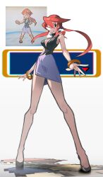 Rule 34 | 1boy, 1girl, bare legs, baseball cap, black shirt, bracelet, breasts, brown hair, cleavage, glasses, hat, high heels, highres, jacket, jewelry, large breasts, legs, long hair, long legs, looking at viewer, lorelei (pokemon), low-cut, nintendo, pencil skirt, pointy ears, pokemon, pokemon frlg, ponytail, purple skirt, red (pokemon), red eyes, red hair, red hat, shakeeeeeeeee, shirt, short hair, short sleeves, sidelocks, skirt, sleeveless, smile, spiked hair, standing