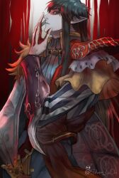 1boy absurdres amon_(ff14) blood cape colored_skin cowboy_shot elezen elf feathered_cape feathers final_fantasy final_fantasy_xiv gloves green_eyes green_hair highres korean_commentary long_hair looking_at_viewer male_focus pointy_ears red_gloves silver_lodo striped_sleeves twitter_username two-tone_gloves white_gloves white_skin