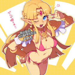 1girl ;d bikini blonde_hair blue_eyes breasts commentary_request hand_on_own_hip jewelry long_hair looking_at_viewer metata navel nintendo one_eye_closed open_mouth parted_bangs pink_bikini pointy_ears princess_zelda small_breasts smile solo swimsuit the_legend_of_zelda the_legend_of_zelda:_a_link_between_worlds v v_over_eye