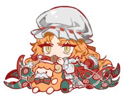 1girl christmas_nightmare_(e.g.o) christmas_ornaments_in_hair cookie dress e.g.o_(project_moon) eating food full_body green_eyes haahhhhhhhyuy hat ishmael_(project_moon) limbus_company long_hair looking_at_viewer mob_cap orange_hair project_moon sheep simple_background sitting solo striped_shawl tentacles very_long_hair white_background white_dress white_hat