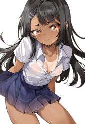 Rule 34 | 1girl, arms at sides, black hair, blue skirt, breasts, closed mouth, collarbone, cowboy shot, dot nose, ear piercing, eyelashes, fang, female focus, ijiranaide nagatoro-san, leaning forward, long hair, looking at viewer, nagatoro hayase, orange eyes, panties, pantyhose, petite, piercing, school uniform, shirt, simple background, skin fang, skirt, small breasts, smile, solo, standing, tan, tanline, underwear, wet, wet clothes, white background, white panties, white shirt, yoko-chan (mijizukeyoko)