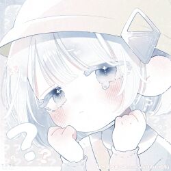 1girl ? aged_down alternate_costume blush cevio closed_mouth diamond_hair_ornament eyelashes eyes_visible_through_hair hat highres kafu_(cevio) kamitsubaki_studio long_sleeves looking_at_viewer school_hat short_hair solo square thk_41 upper_body utaite white_hair yellow_hat