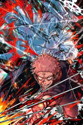 1boy absurdres black_jacket blood blood_on_face cuts ebora evil_smile facial_mark highres injury jacket jujutsu_kaisen jujutsu_tech_uniform looking_at_viewer mahoraga_(jujutsu_kaisen) monster non-web_source outstretched_arm pink_hair reaching reaching_towards_viewer ryoumen_sukuna_(jujutsu_kaisen) short_hair smile