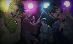 4boys :d :q ;d animal_ears aqua_eyes astel_leda backlighting band_(music) bangs_pinned_back black_hair blonde_hair blue_hair blue_shirt bracelet choker closed_mouth commentary cowboy_shot curtained_hair dark ear_piercing earrings electric_guitar fang green_eyes green_shirt grey_pants guitar hair_between_eyes hair_ornament hairclip highres holding holding_guitar holding_instrument holding_microphone holostars index_finger_raised instrument jackal_boy jackal_ears jewelry kageyama_shien kanade_izuru lightning_bolt lightning_bolt_hair_ornament lightning_bolt_symbol looking_at_viewer looking_to_the_side male_focus microphone momiage_40 multicolored_hair multiple_boys music one_eye_closed open_mouth pants pendant piercing pink_hair pink_shirt playing_instrument print_shirt purple_eyes purple_shirt rikka_(holostars) shirt short_hair short_sleeves sideways_glance singing smile squatting stage_lights standing streaked_hair symbol-only_commentary t-shirt teeth tongue tongue_out two-tone_hair upper_body v-shaped_eyebrows virtual_youtuber white_hair wristband yellow_eyes