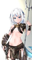 1girl absurdres alternate_costume armor black_thighhighs blue_eyes blue_hair commentary cosplay dated english_commentary fins fish_tail gauntlets gawr_gura highres holding_polearm hololive hololive_english keisuke_desu~ looking_at_viewer multicolored_hair navel polearm predator_(1987) predator_(character) predator_(cosplay) predator_(series) shark_girl shark_tail shoulder_armor signature smile solo streaked_hair tail thighhighs torn_clothes trident virtual_youtuber weapon white_hair thumbnail