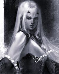 1girl artist_name black_background border breasts closed_mouth commentary commission corset dress english_text fate/grand_order fate_(series) flower_ornament hairband highres light_particles lips long_hair looking_to_the_side melusine_(fate) monochrome nikolas_(nikolardon) realistic solo upper_body white_border