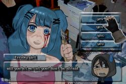 Rule 34 | 1boy, 1girl, apartment, bandaged arm, bandages, bed, black gloves, black hoodie, blood, bloody bandages, bloody tears, blue hair, blunt bangs, boxcutter, charging device, chibi, clenched teeth, commentary, cry of fear, detached arm, dialogue box, dialogue options, distortion, drawer, dress, english commentary, english text, eyeball, fingerless gloves, glitch, gloves, grin, hair ornament, hairclip, hand cursor, head tilt, highres, holding, holding boxcutter, hood, hood up, hoodie, implied self-harm, lacey (lacey games), lacey games, long hair, outline, parallel hairclips, pink dress, raised eyebrow, short twintails, sidelocks, simon henriksson, smile, spaghetti strap, sweatdrop, teeth, twintails, upper body, white outline, wrist cutting, x hair ornament, zonicosz