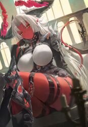 absurdres belt black_gloves black_horns boots breasts colored_skin demon_girl demon_horns demon_tail dot_nose duet_night_abyss from_below gloves hellfire_(duet_night_abyss) highres horns large_breasts long_hair looking_at_viewer looking_down multicolored_horns narrowed_eyes red_horns red_skin shoulder_pads tail thigh_strap white_hair yellow_eyes yonesdraws