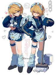 alternate_costume apron black_shoes blonde_hair blue_jacket blue_shorts blush bucket chain character_name closed_mouth commentary_request crossdressing earrings fish_(food) food frilled_thigh_strap grey_eyes hair_between_eyes heart highres holding holding_mop jacket jersey_maid jewelry kurapika leg_warmers long_sleeves maid maid_headdress monster_hunter_(series) mop multiple_views red_eyes rice shoes shorts simple_background single_earring sleeves_past_fingers sleeves_past_wrists standing thicopoyo thigh_strap track_jacket trap twitter_username unconventional_maid white_background
